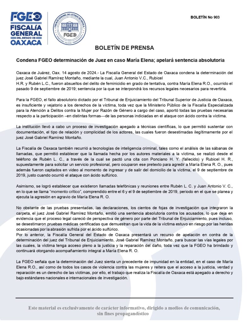 Comunicado por parte de la Fiscalía General del Estado de Oaxaca